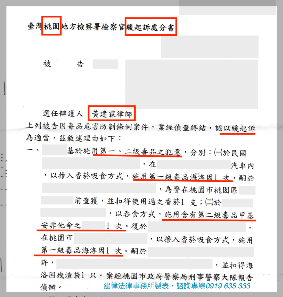 多次、分別施用一級、二級毒品，爭取戒癮治療緩起訴案（桃園地檢署） | 建律法律事務所